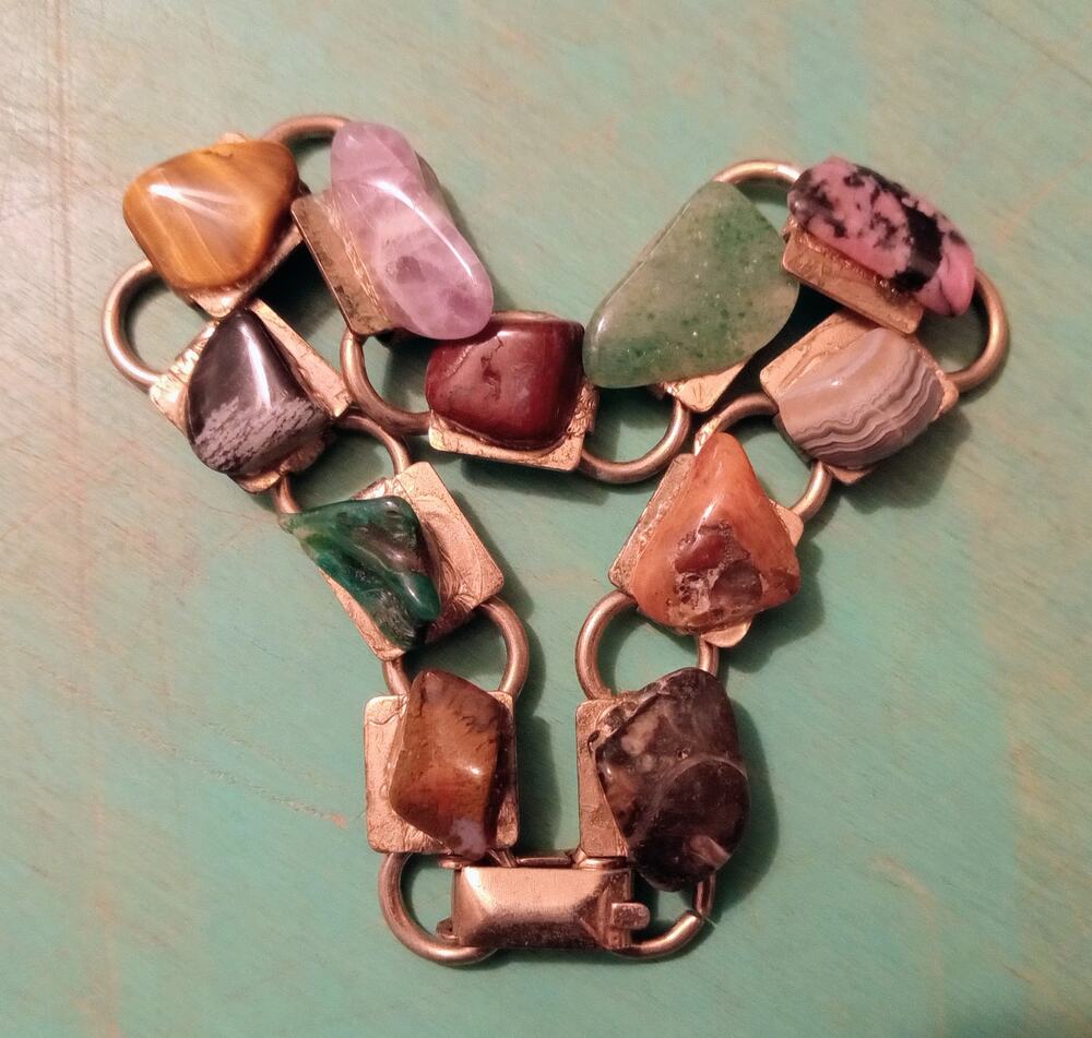 Vintage 60s - 70s Natural Gemstone Crystal Link Bracelet Boho Hippie Jewelry
